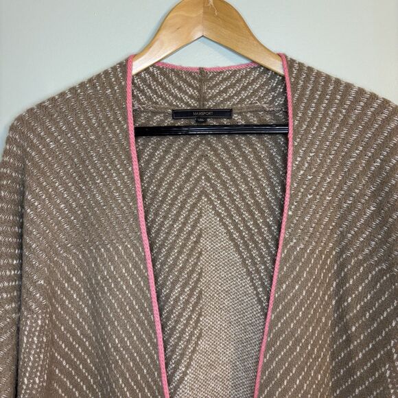 Maxsport Womens Oversized Cozy Sweater Cardigan Light Brown Cream Pink Trim Boho - Picture 2 of 6
